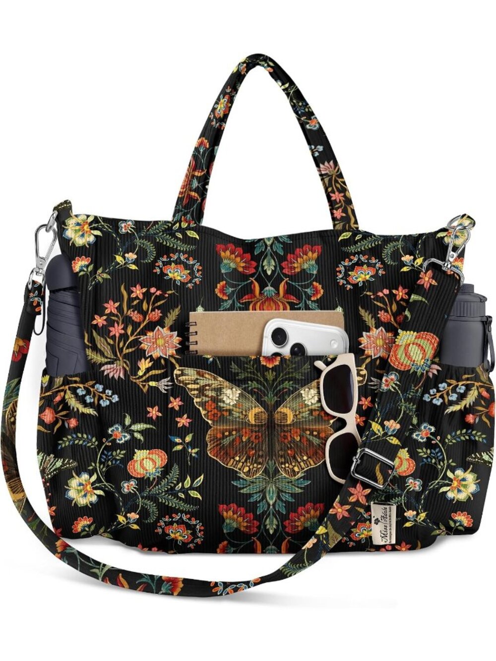 Women's Butterfly Garden Corduroy Crossbody Tote Multi Pocket Travel Bag